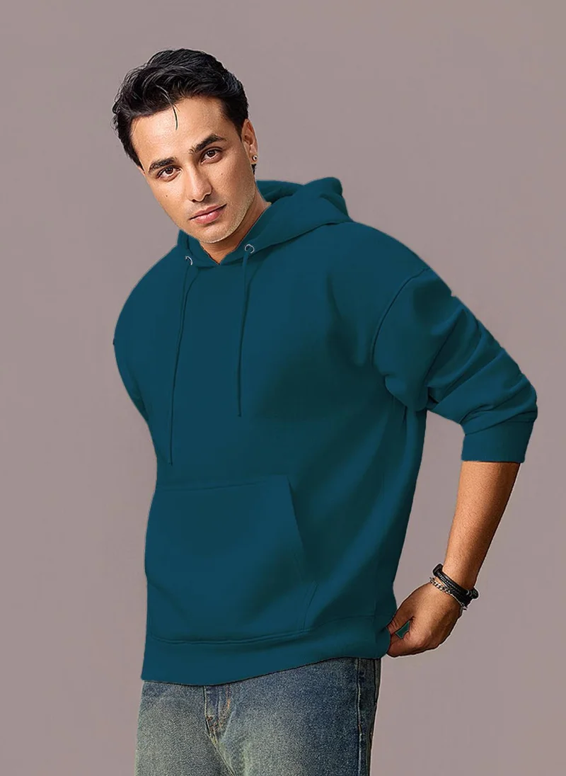 Urbano Fashion Men's Fog Teal Green Cotton Solid Oversized Hooded Neck Sweatshirt